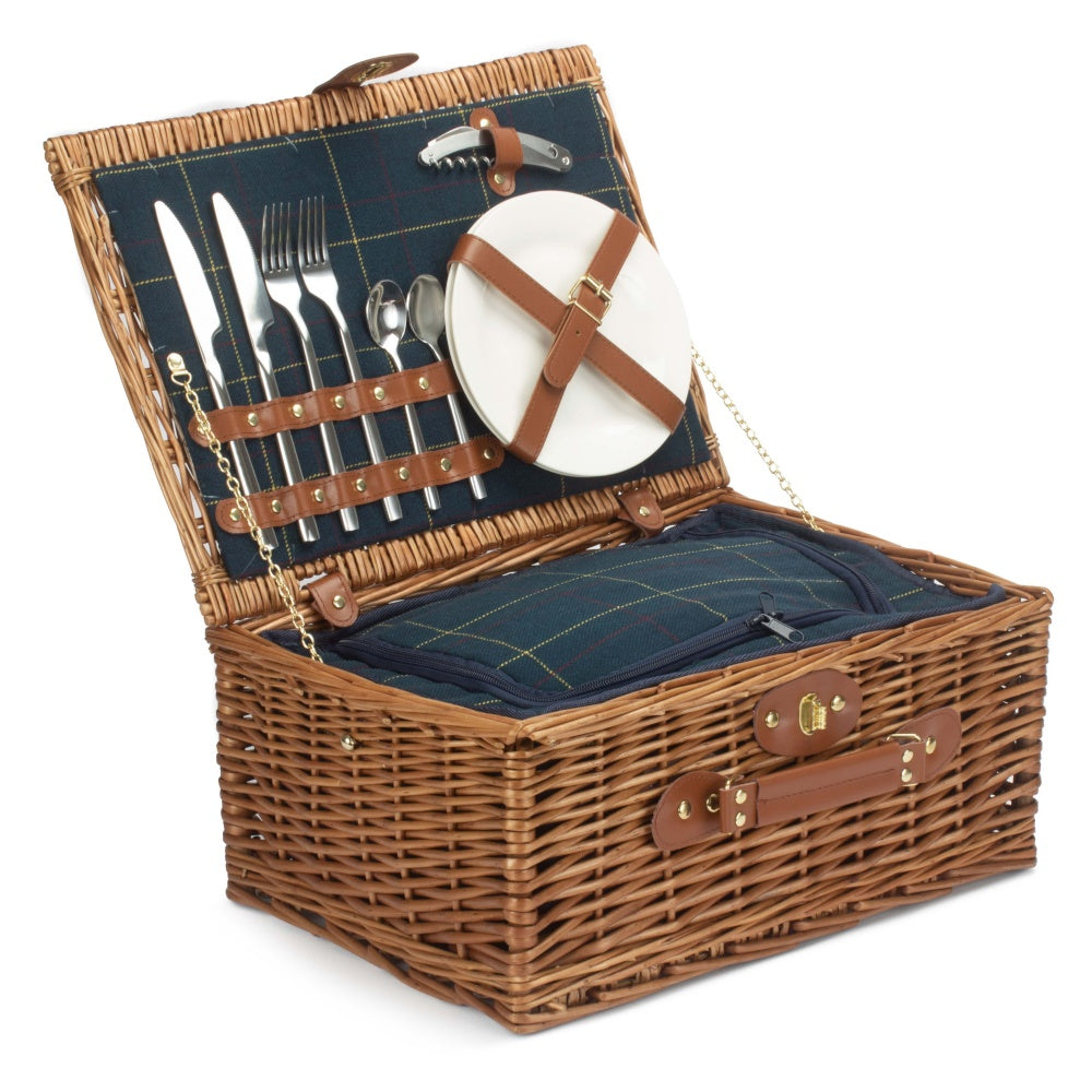 Blue Tweed Fitted Wicker Picnic Basket