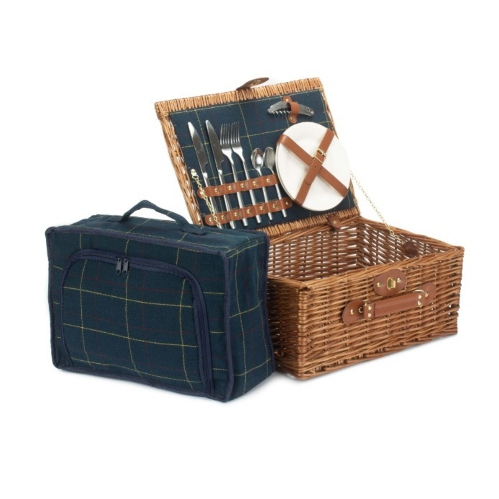 Blue Tweed Fitted Wicker Picnic Basket