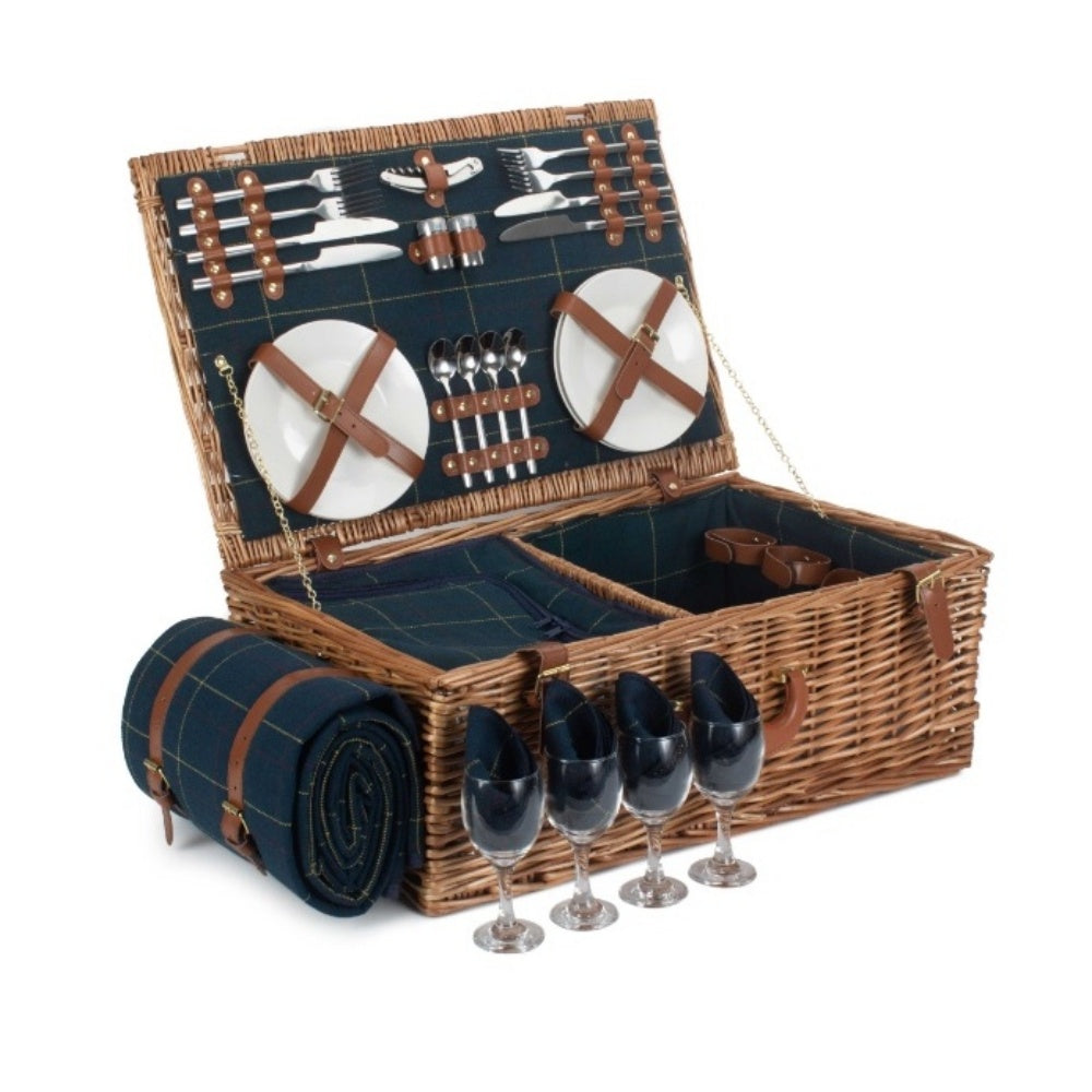 Blue Tweed Fitted Wicker Picnic Basket