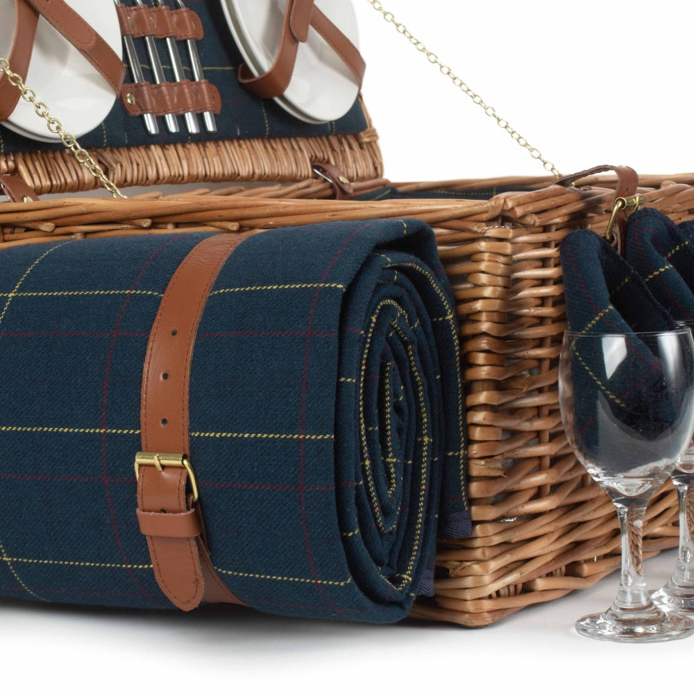 Blue Tweed Fitted Wicker Picnic Basket