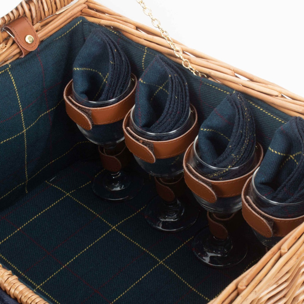 Blue Tweed Fitted Wicker Picnic Basket