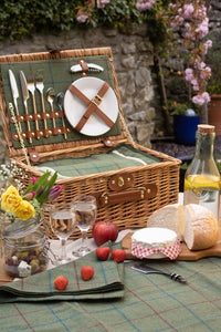 Green Tweed Fitted Wicker Picnic Basket