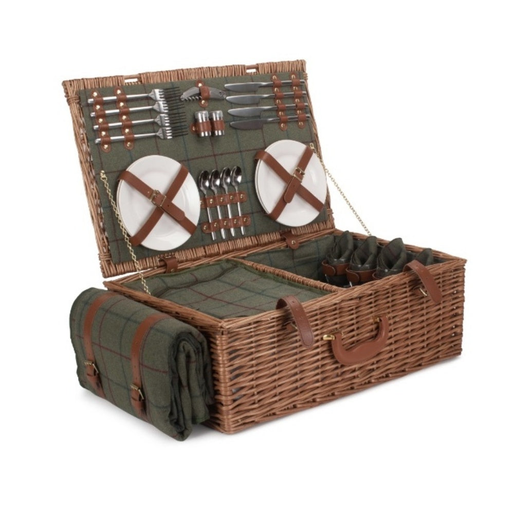 Green Tweed Fitted Wicker Picnic Basket