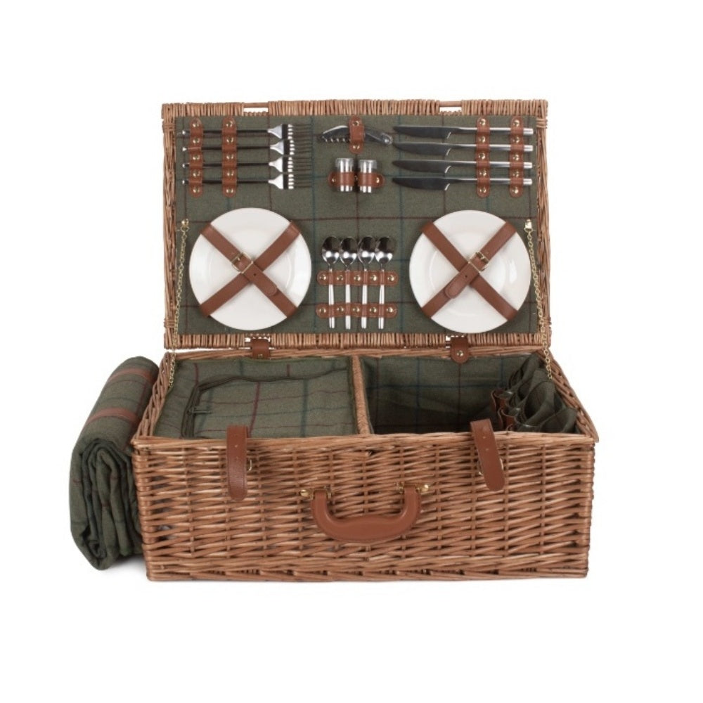 Green Tweed Fitted Wicker Picnic Basket