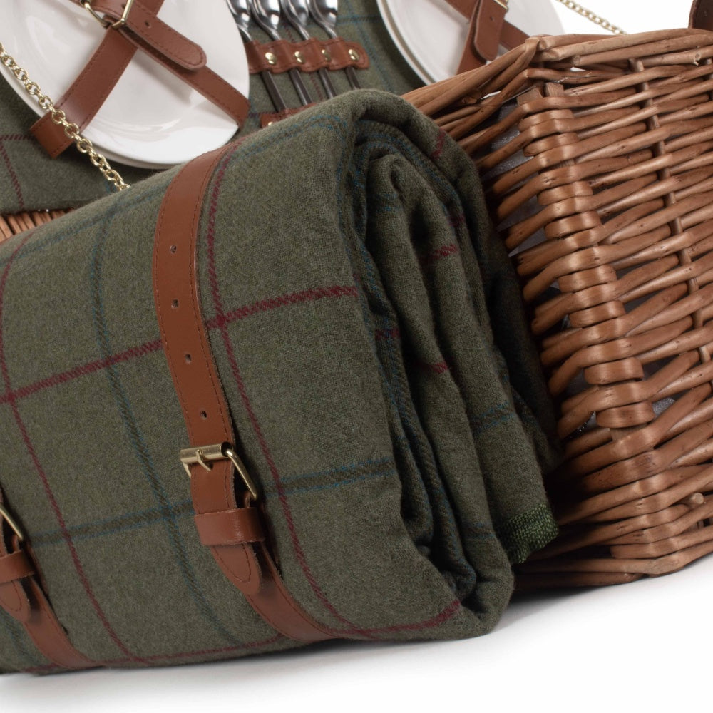 Green Tweed Fitted Wicker Picnic Basket