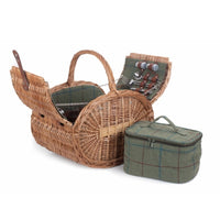 Oval 4 Person Green Tweed Wicker Picnic Basket