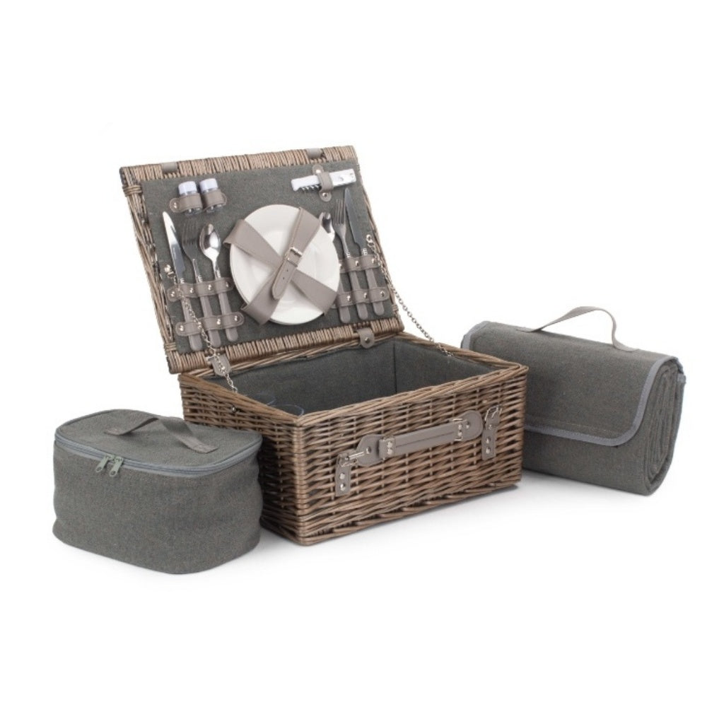 Grey Tweed Wicker Fitted Picnic Basket