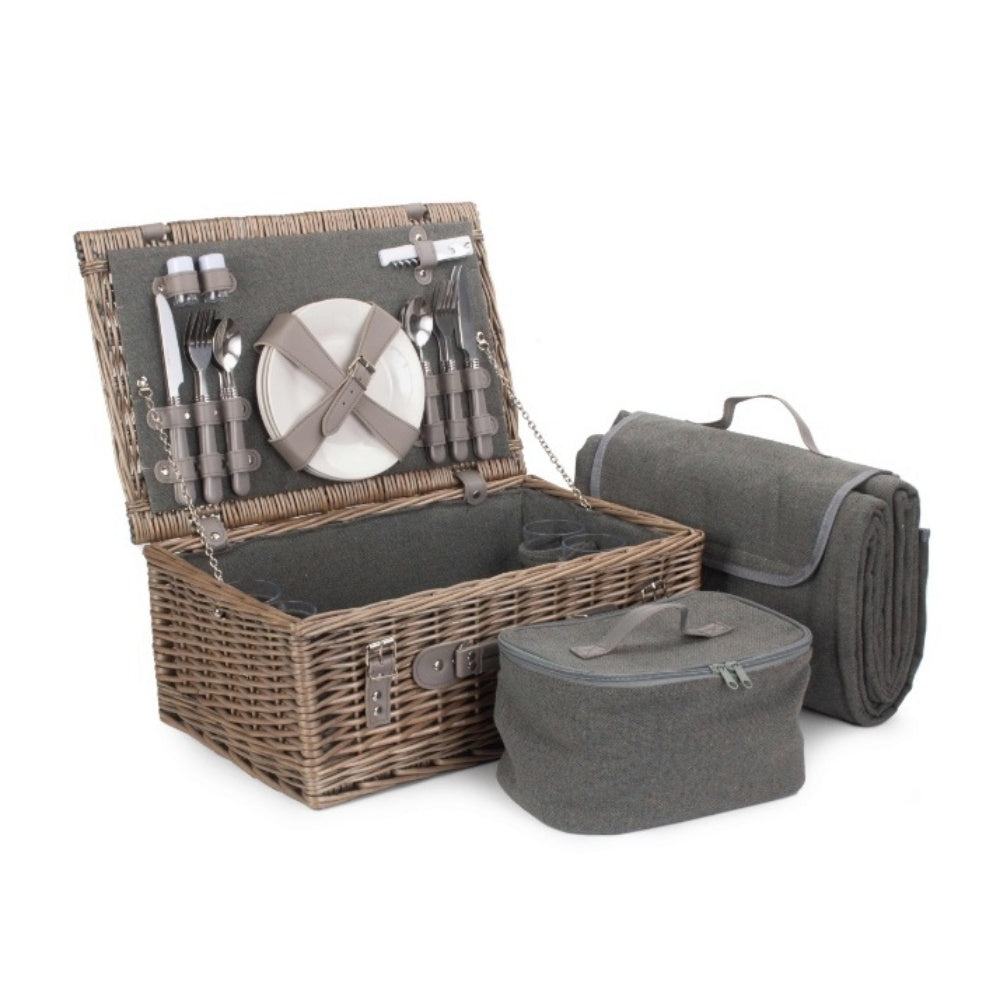 Grey Tweed Wicker Fitted Picnic Basket