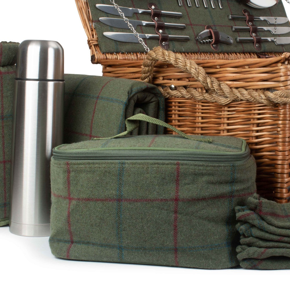 Rope Handled Green Tweed 6 Person Fitted Picnic Basket