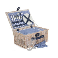 Blue and White Gingham 2 Person Fitted Wicker Picnic Basket