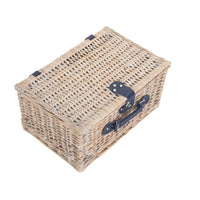 Blue and White Gingham 2 Person Fitted Wicker Picnic Basket