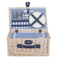 Blue and White Gingham 2 Person Fitted Wicker Picnic Basket