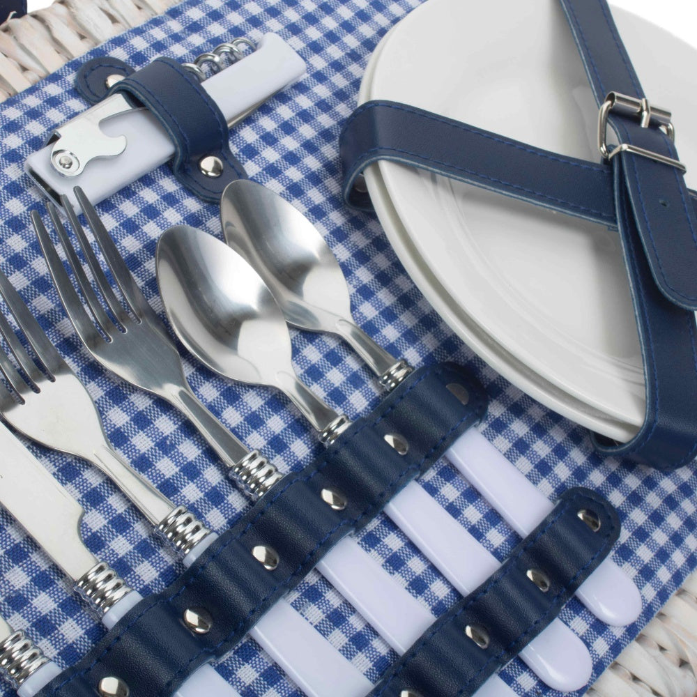 Blue and White Gingham 2 Person Fitted Wicker Picnic Basket