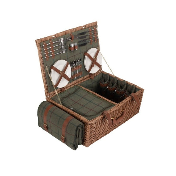 Green Tweed Fitted Wicker Picnic Basket