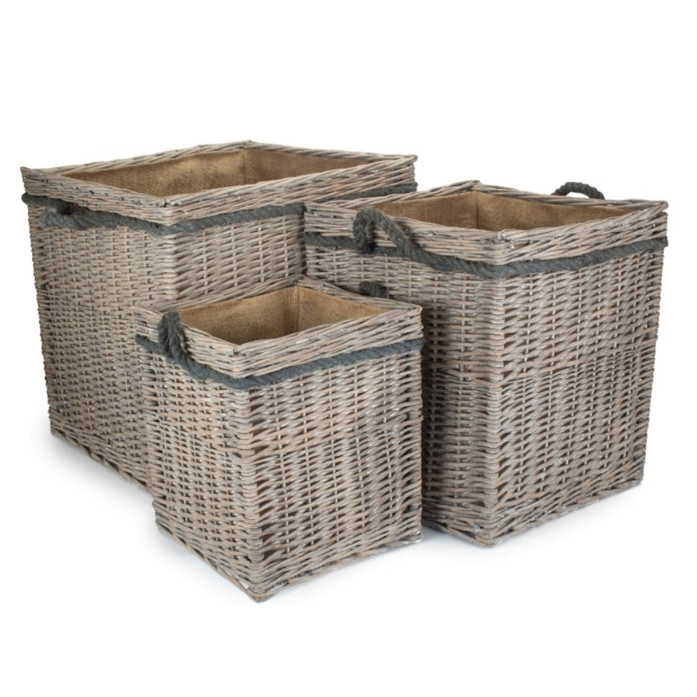 Wicker Grey Wash Square Hessian Lined Log Basket