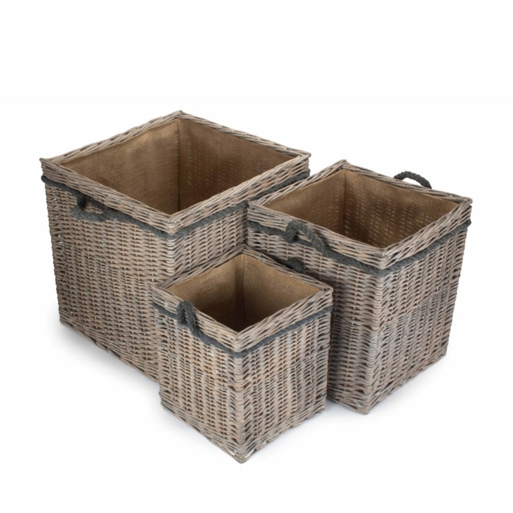 Wicker Grey Wash Square Hessian Lined Log Basket