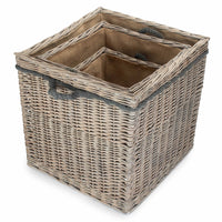 Wicker Grey Wash Square Hessian Lined Log Basket