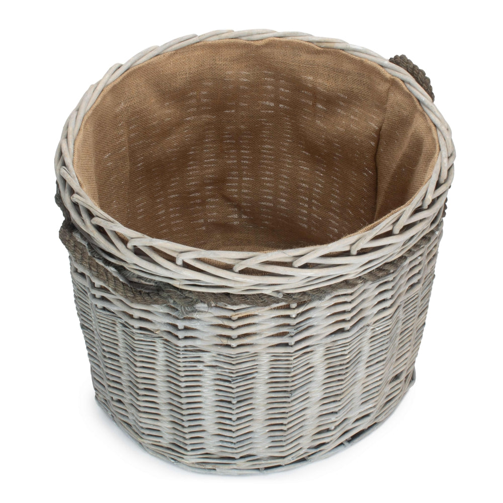 Wicker Grey Wash Round Hessian Lined Log Basket