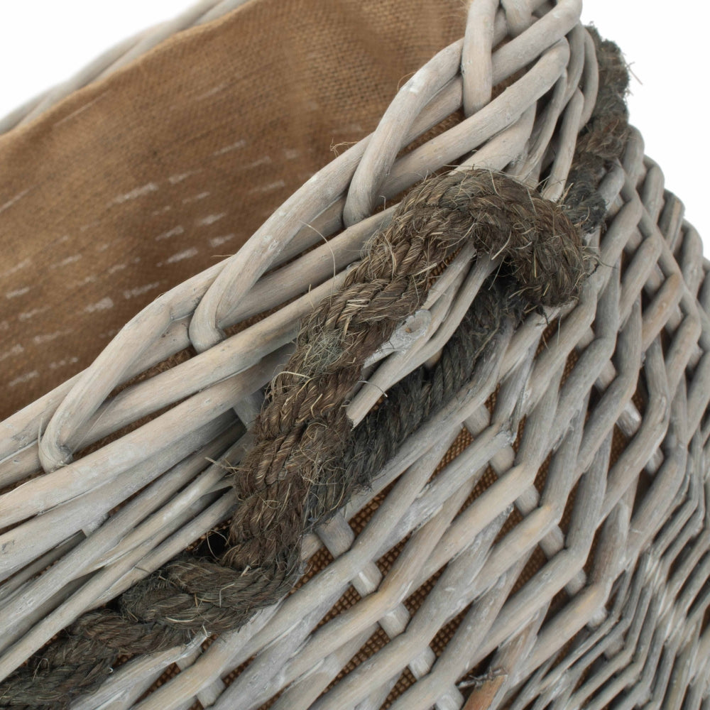 Wicker Grey Wash Round Hessian Lined Log Basket