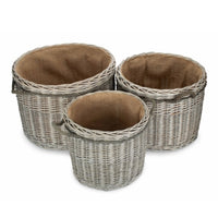 Wicker Grey Wash Round Hessian Lined Log Basket