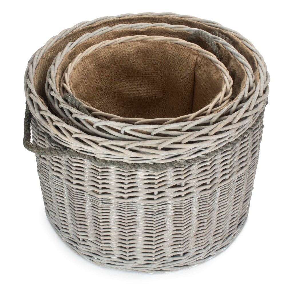 Wicker Grey Wash Round Hessian Lined Log Basket