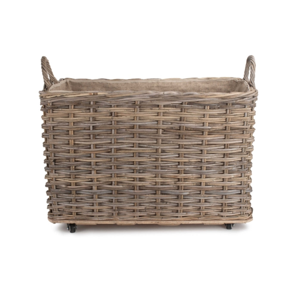 Wheeled Hessian Lined Rattan Log Basket