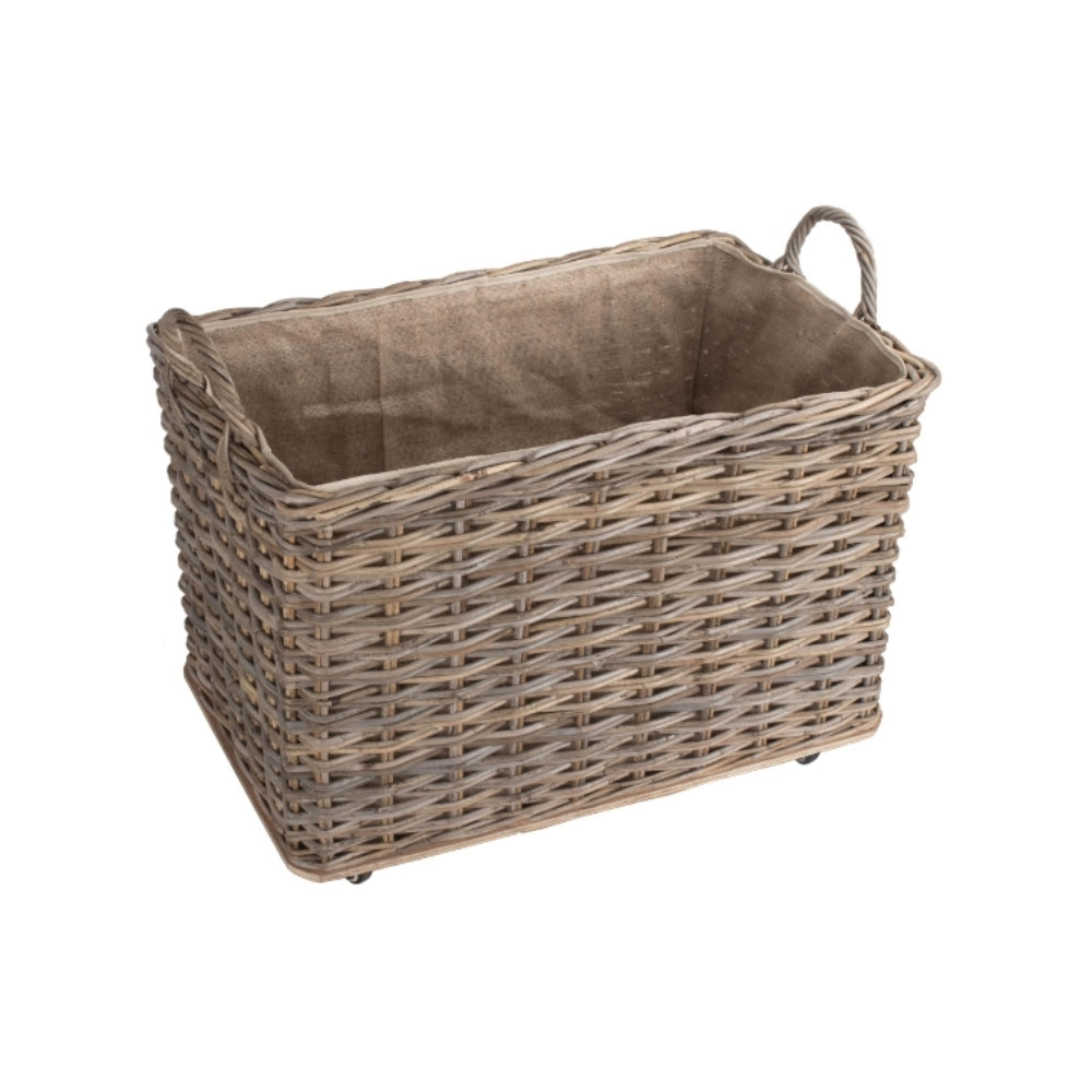 Wheeled Hessian Lined Rattan Log Basket