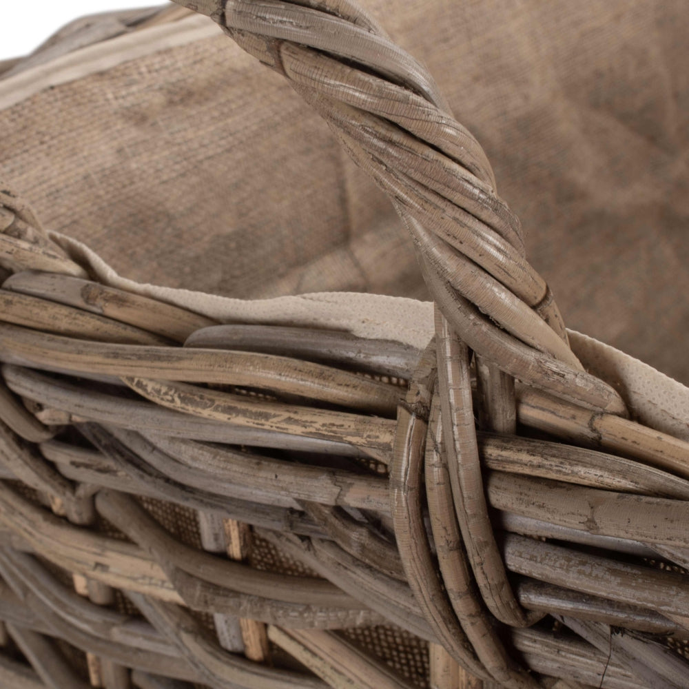 Panier à bûches doublé de jute et de rotin à roulettes