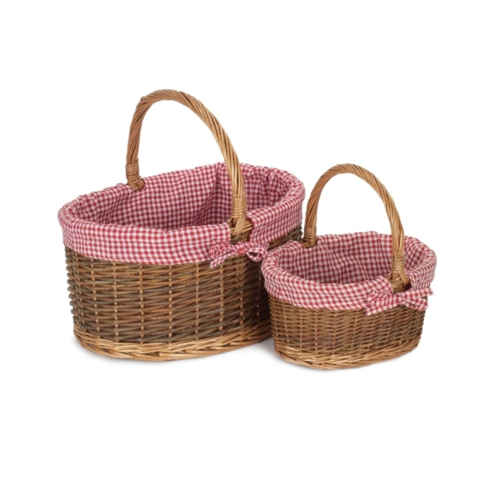 Red Hamper Red Checked Lined Country Oval Wicker Shopping Basket