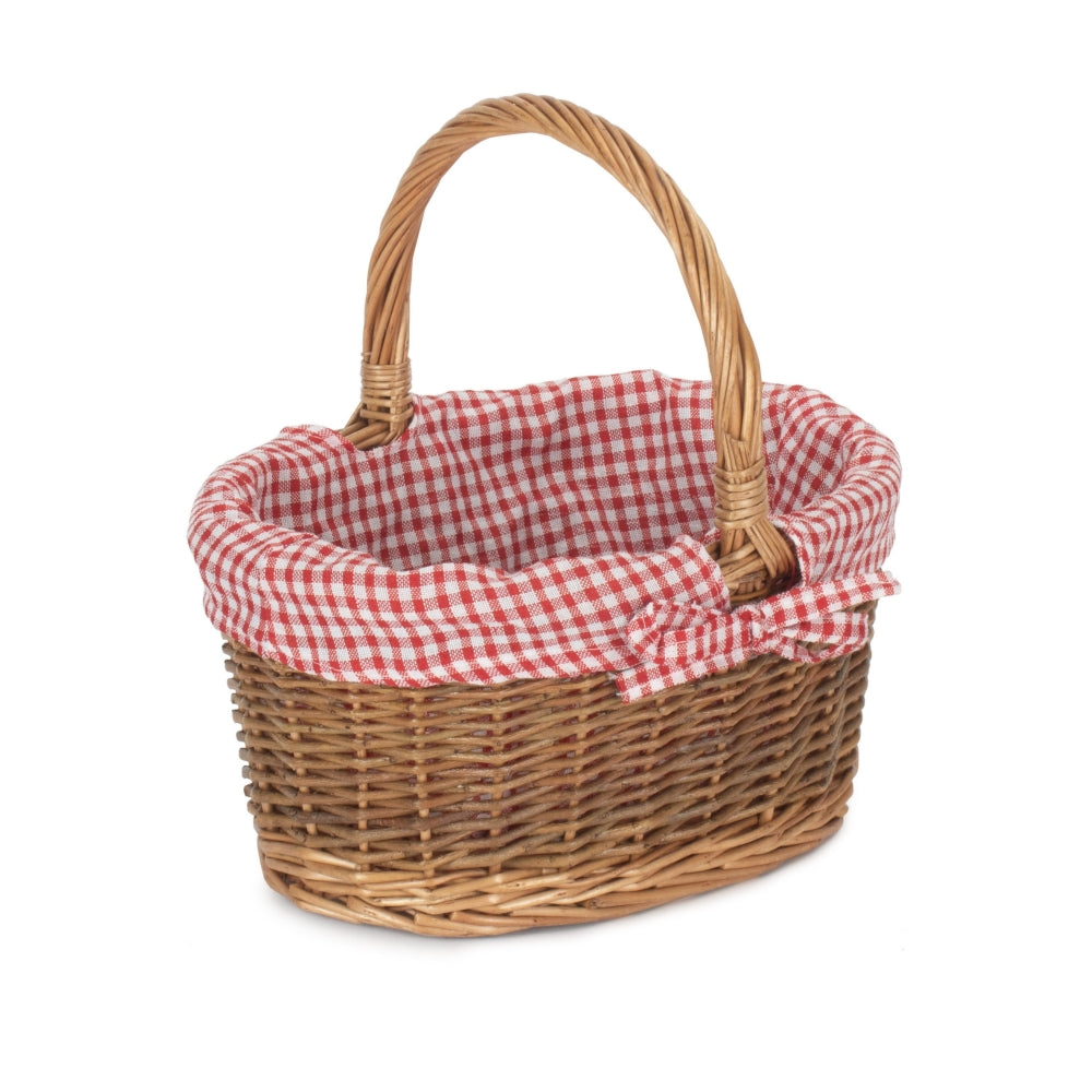 Red Hamper Red Checked Lined Country Oval Wicker Shopping Basket