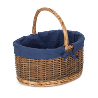 Red Hamper Blue Lined Country Oval Wicker Shopping Basket