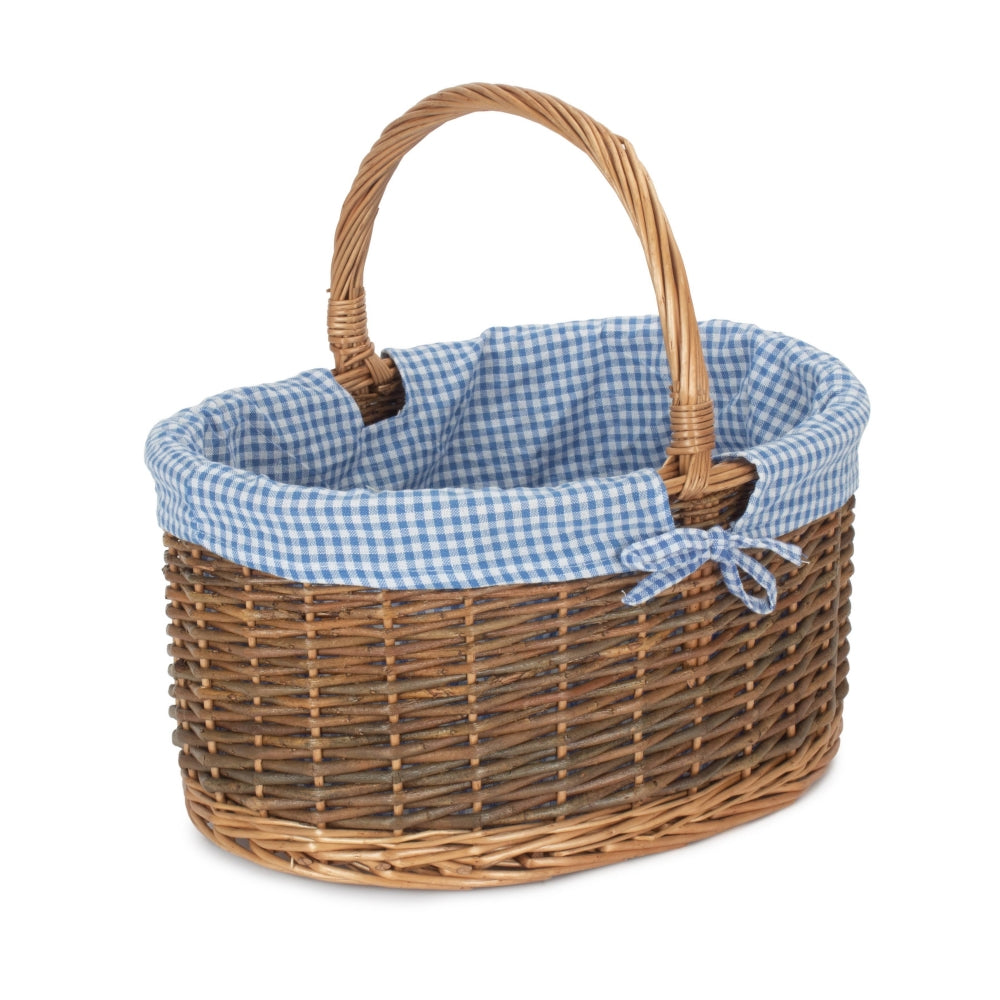 Red Hamper Blue Checked Lined Country Oval Wicker Shopping Basket