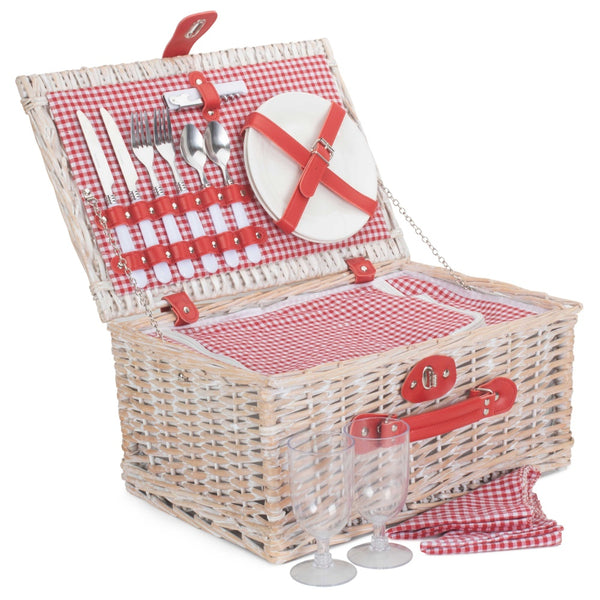 Red Hamper Red and White Gingham 2 Person Fitted Wicker Picnic Basket